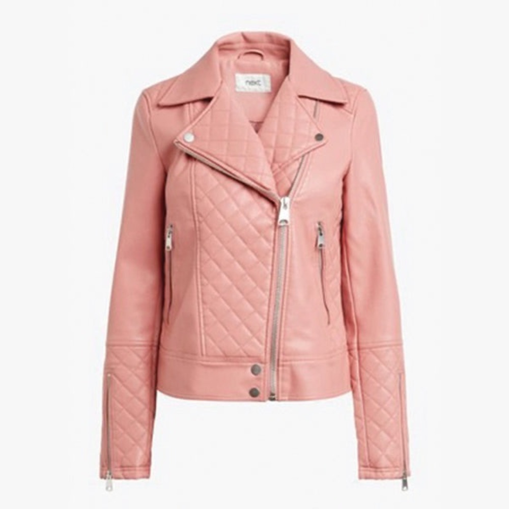 Pink Faux Leather Quilted Biker Jacket